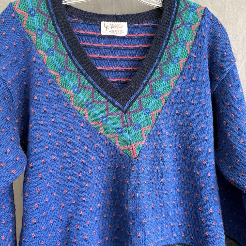 Vintage 80s Beldoch‎ Popper Women’s V-Neck Sweater Blue Green Geometric Size M - Picture 7 of 12